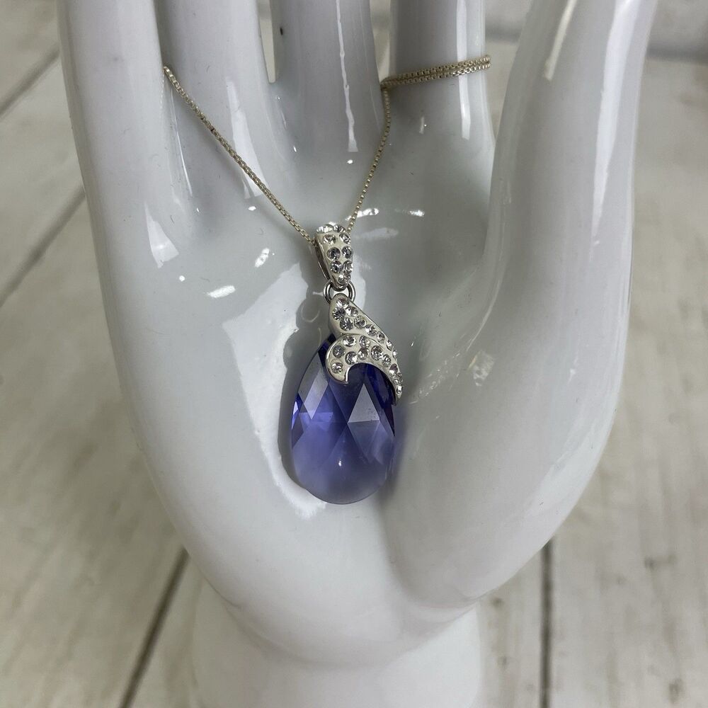 Sterling Silver 925 Amethyst Purple Crystal Necklace 18” Chain
